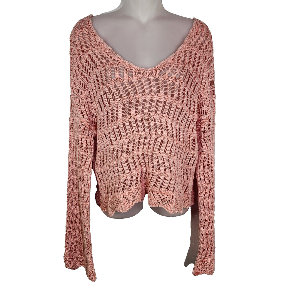 American Eagle Sweater XS Crochet V Neck Peach Open Knit Long Bell Sleeve Retro